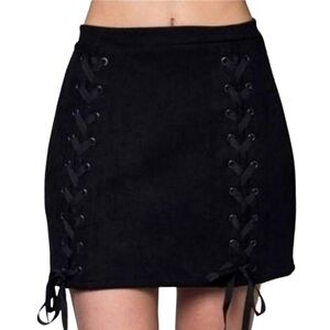 Honey Punch Velvet Skirt Womens Small Black High Waist Lace Up Front Mini Skirt